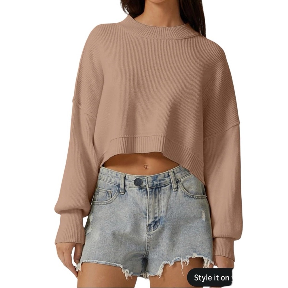 QINSEN Oversized Cropped Sweater Small Nougat Mock Neck Boxy Ribbed Knit Beige